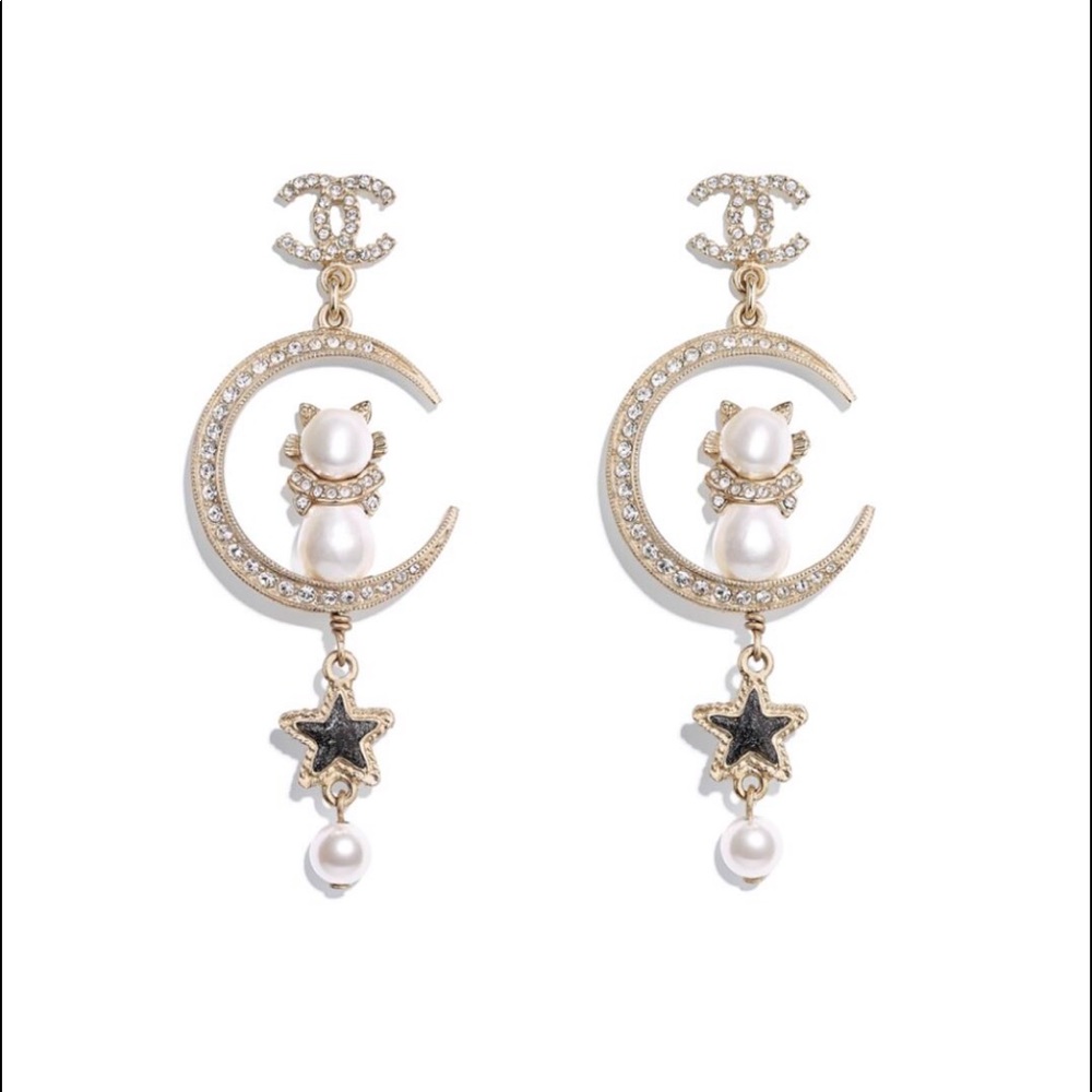 Chanel crescent moon cat star pearl earrings